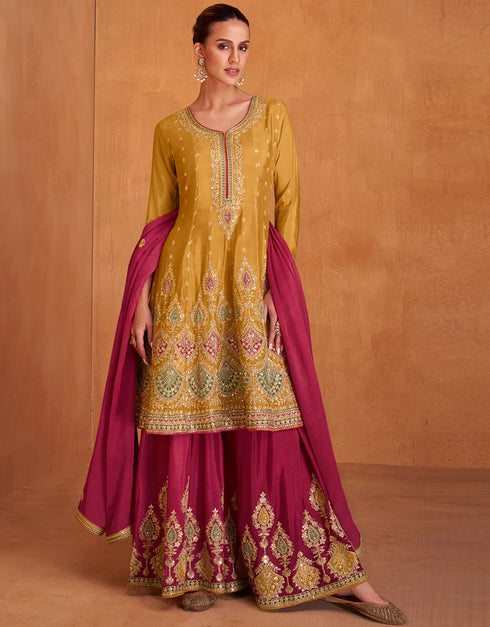 Trendy Party Wear Chinon Silk Salwar Kameez Collection Mustard Real Chinon Palazzo Suit Front View