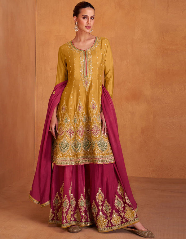 Trendy Party Wear Chinon Silk Salwar Kameez Collection Mustard Real Chinon Palazzo Suit Front View