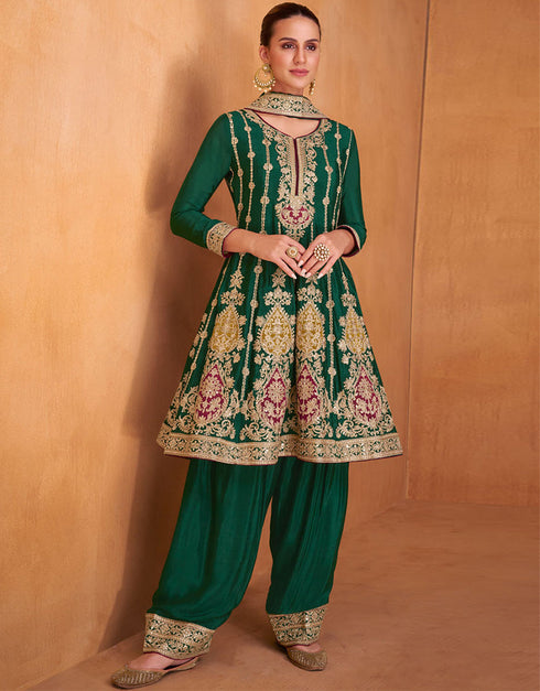Trendy Party Wear Chinon Silk Salwar Kameez Collection Green Real Chinon Pant Suit Front View