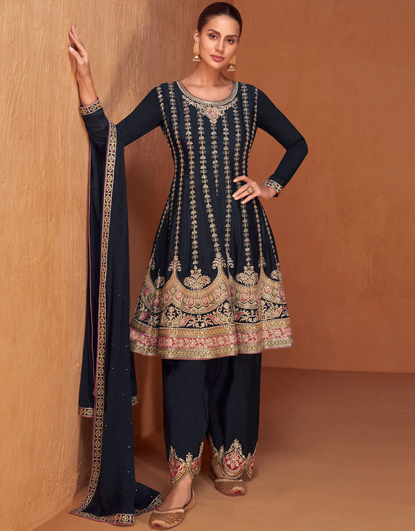 Trendy Party Wear Chinon Silk Salwar Kameez Collection Navy Blue Real Chinon Pant Suit Front View