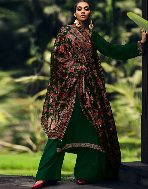 Trendy Party Wear Chinon Silk Salwar Kameez Collection Sea Mist Muslin Palazzo Straight Front View