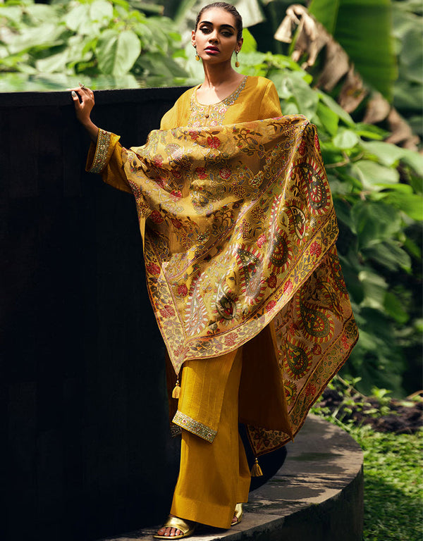 Trendy Party Wear Chinon Silk Salwar Kameez Collection Muslin Palazzo Straight Front View