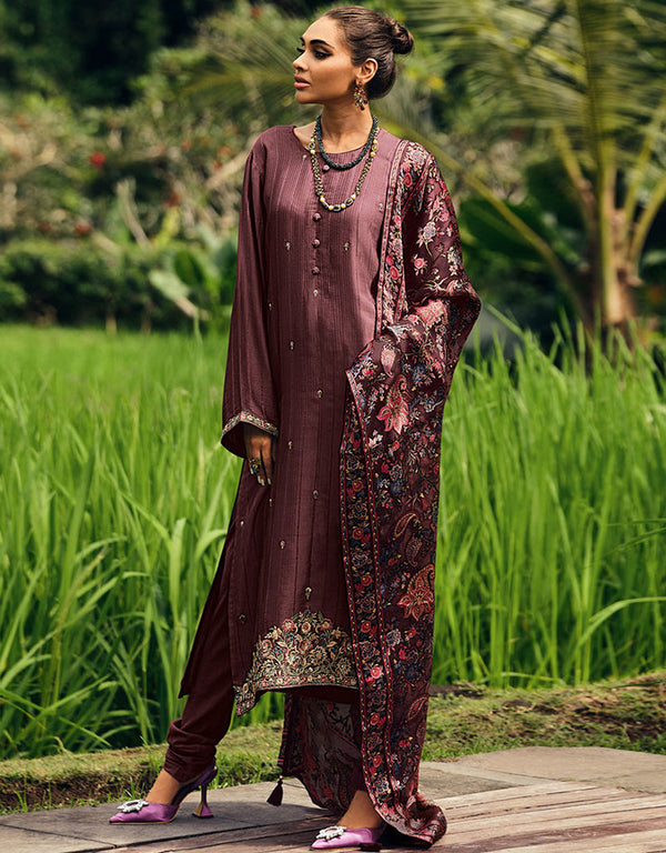 Trendy Party Wear Chinon Silk Salwar Kameez Collection Muslin Palazzo Straight Front View