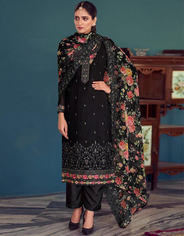 Heavy Traditional Designer Party Wear Salwar Kameez Black Georgette Pant Straight Long Front View
