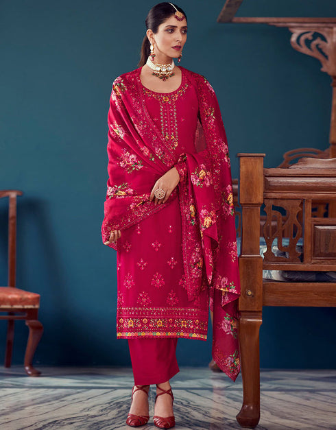 Heavy Traditional Designer Party Wear Salwar Kameez Redish Pink Georgette Pant Straight Long Front View