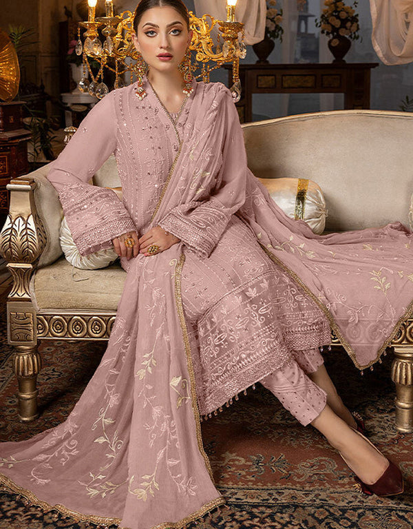 Heavy Designer Wedding Wear Salwar Kameez Dusty Pink Georgette Pant Straight Front View