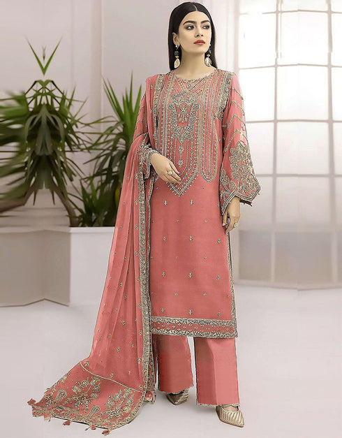 Heavy Designer Wedding Wear Salwar Kameez Salmon Georgette Pant Straight Front View