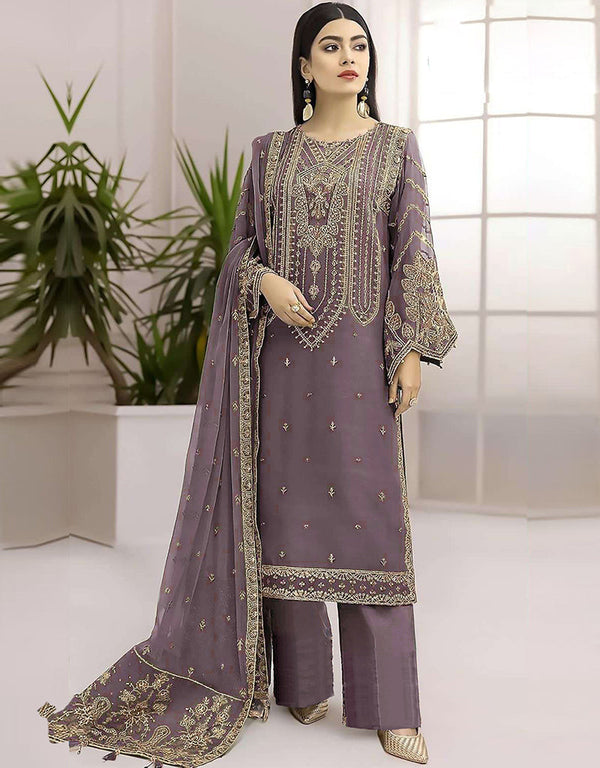 Heavy Designer Wedding Wear Salwar Kameez Plum Georgette Pant Straight Front View