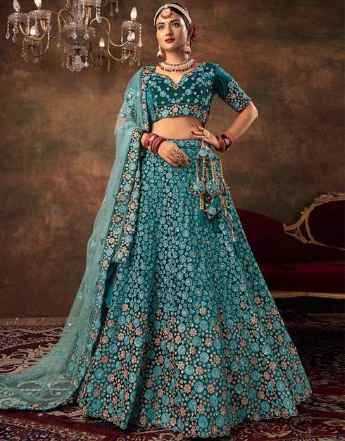Heavy Traditional Designer Wedding Bridal Wear Lehenga Choli Rama Green Velvet Lehenga Choli Front View
