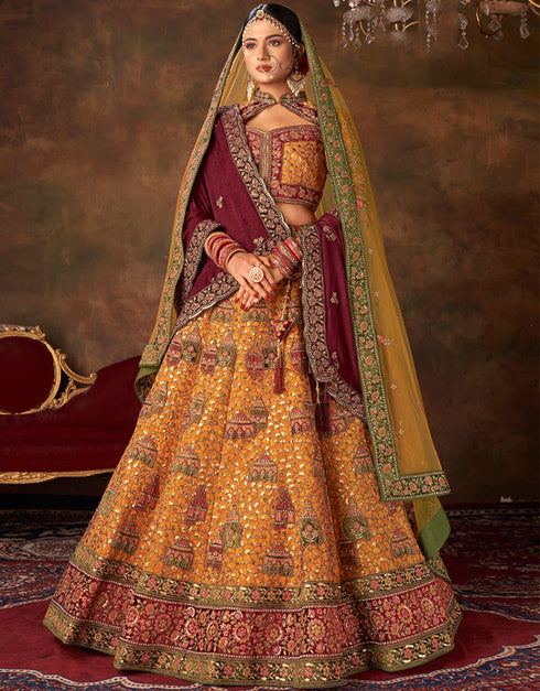 Heavy Traditional Designer Wedding Bridal Wear Lehenga Choli Mustard Silk Lehenga Choli Front View