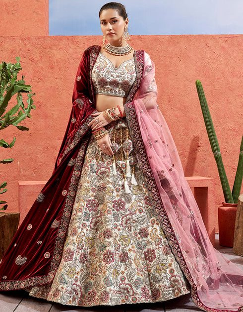 Heavy Traditional Designer Wedding Bridal Wear Lehenga Choli White Velvet Lehenga Choli Front View