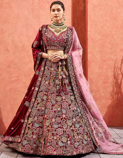 Heavy Traditional Designer Wedding Bridal Wear Lehenga Choli Wine Velvet Lehenga Choli Front View