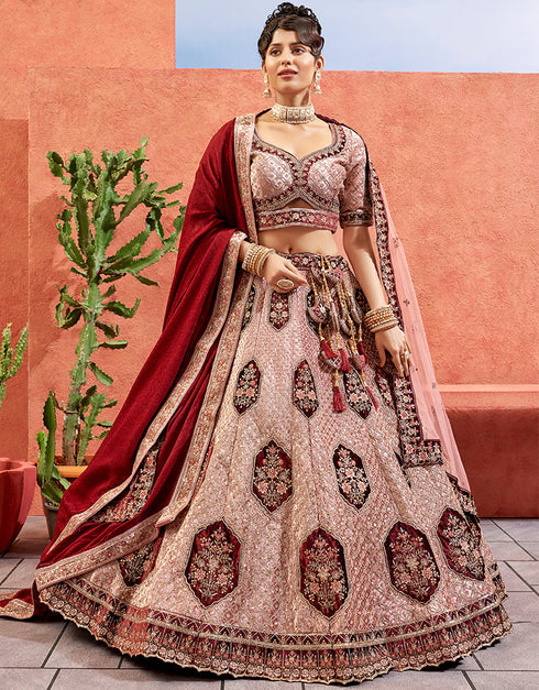 Heavy Traditional Designer Wedding Bridal Wear Lehenga Choli Baby Pink Velvet Lehenga Choli Front View