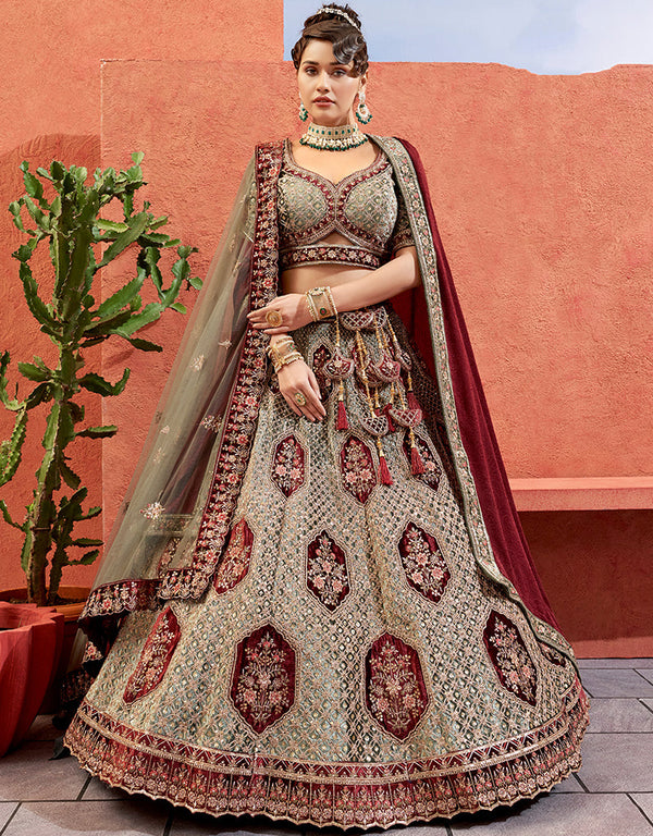 Heavy Traditional Designer Wedding Bridal Wear Lehenga Choli Pista Velvet Lehenga Choli Front View