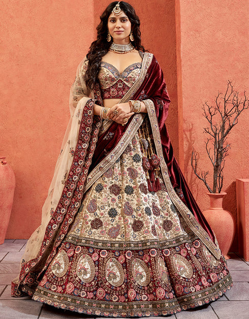 Heavy Traditional Designer Wedding Bridal Wear Lehenga Choli Cream Velvet Lehenga Choli Front View