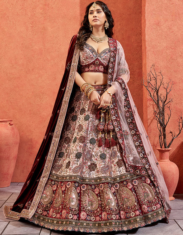 Heavy Traditional Designer Wedding Bridal Wear Lehenga Choli Light Pink Velvet Lehenga Choli Front View