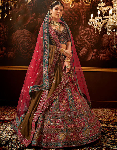 Heavy Traditional Designer Wedding Bridal Wear Lehenga Choli Rani Pink Velvet Lehenga Choli Front View