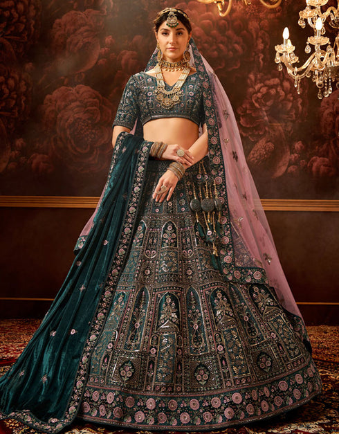 Heavy Traditional Designer Wedding Bridal Wear Lehenga Choli Teal Green Velvet Lehenga Choli Front View