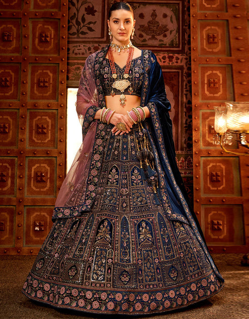 Heavy Traditional Designer Wedding Bridal Wear Lehenga Choli Royal Blue Velvet Lehenga Choli Front View