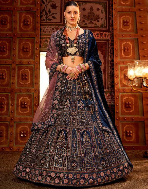 Heavy Traditional Designer Wedding Bridal Wear Lehenga Choli Royal Blue Velvet Lehenga Choli Front View