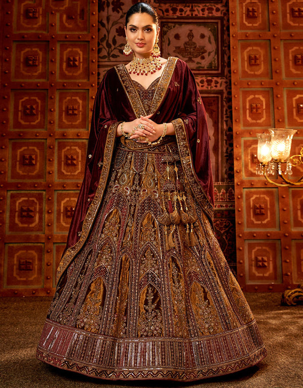 Heavy Traditional Designer Wedding Bridal Wear Lehenga Choli Mustard Velvet Lehenga Choli Front View