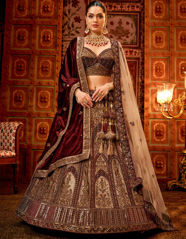 Heavy Traditional Designer Wedding Bridal Wear Lehenga Choli Chiku Velvet Lehenga Choli Front View