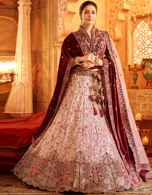 Heavy Traditional Designer Wedding Bridal Wear Lehenga Choli Maroon Velvet Lehenga Choli Front View