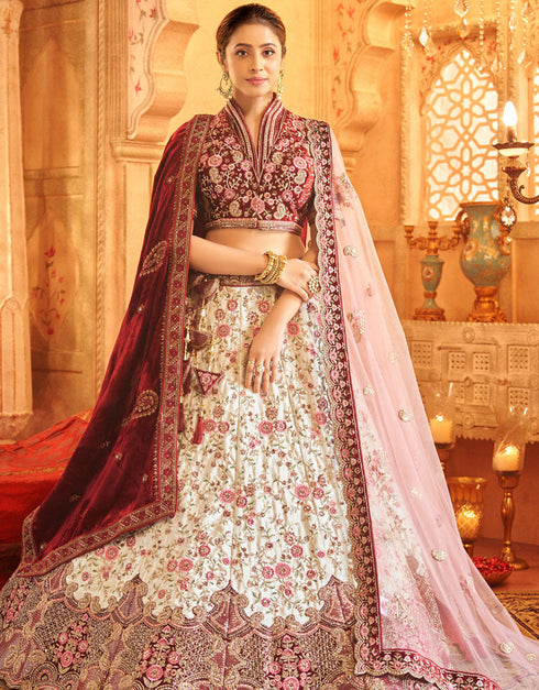 Heavy Traditional Designer Wedding Bridal Wear Lehenga Choli Maroon Velvet Lehenga Choli Front View