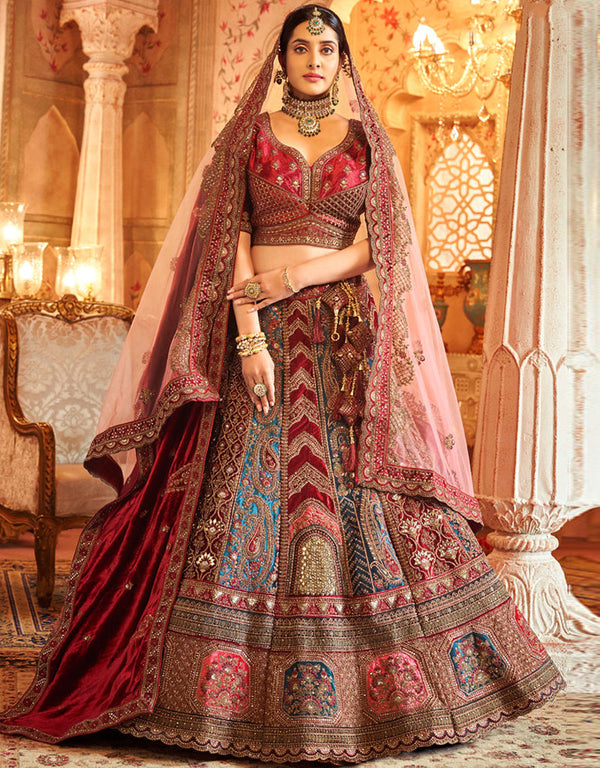 Heavy Traditional Designer Wedding Bridal Wear Lehenga Choli Maroon Velvet Lehenga Choli Front View