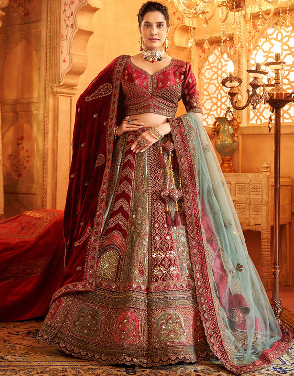 Heavy Traditional Designer Wedding Bridal Wear Lehenga Choli Maroon Velvet Lehenga Choli Front View