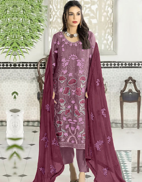 Heavy Designer Wedding Wear Salwar Kameez Mauve Georgette Pant Straight Front View