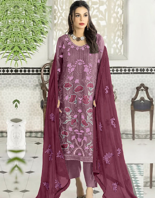 Heavy Designer Wedding Wear Salwar Kameez Mauve Georgette Pant Straight Front View