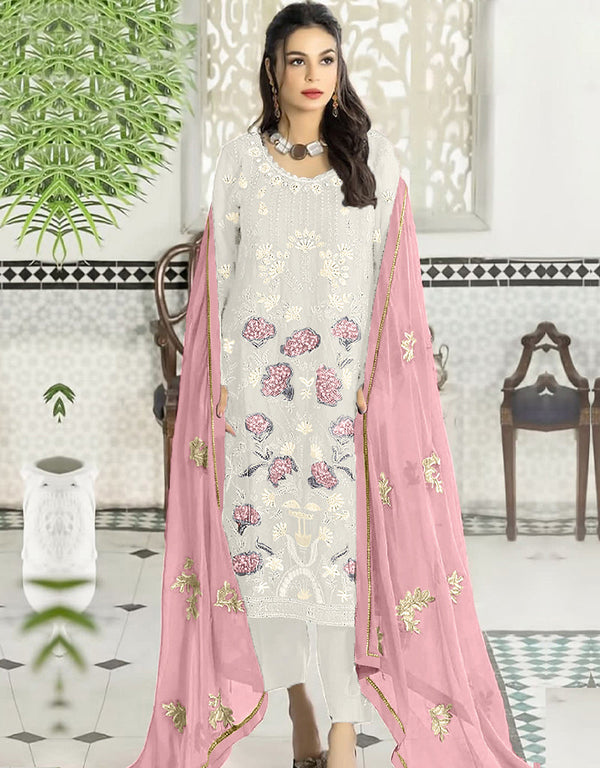 Heavy Designer Wedding Wear Salwar Kameez White Georgette Pant Straight Front View