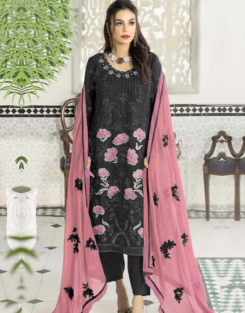 Heavy Designer Wedding Wear Salwar Kameez Black Georgette Pant Straight Front View