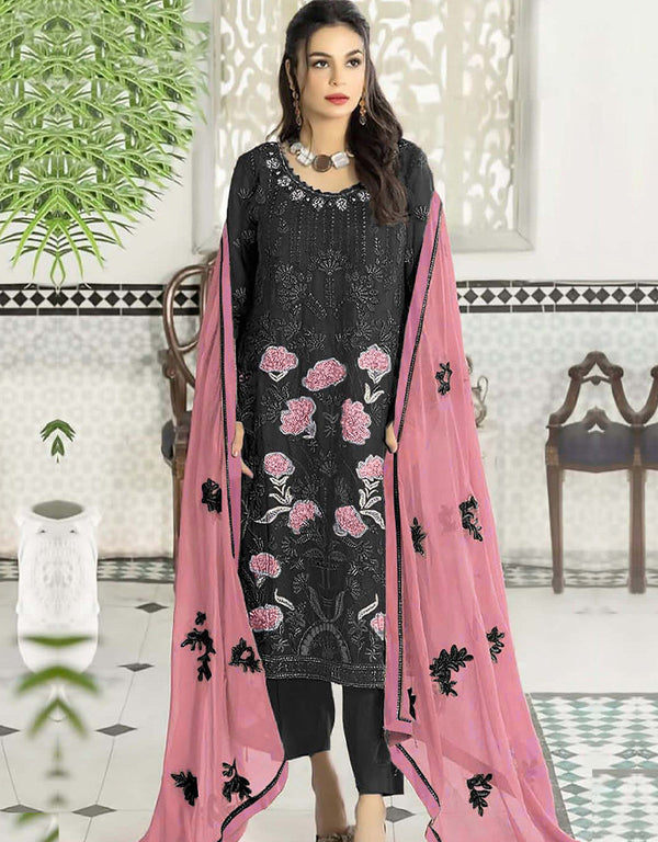 Heavy Designer Wedding Wear Salwar Kameez Black Georgette Pant Straight Front View