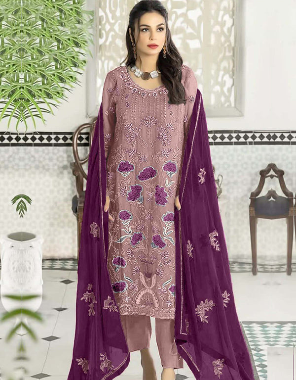 Heavy Designer Wedding Wear Salwar Kameez Bubblegum Pink Georgette Pant Straight Front View