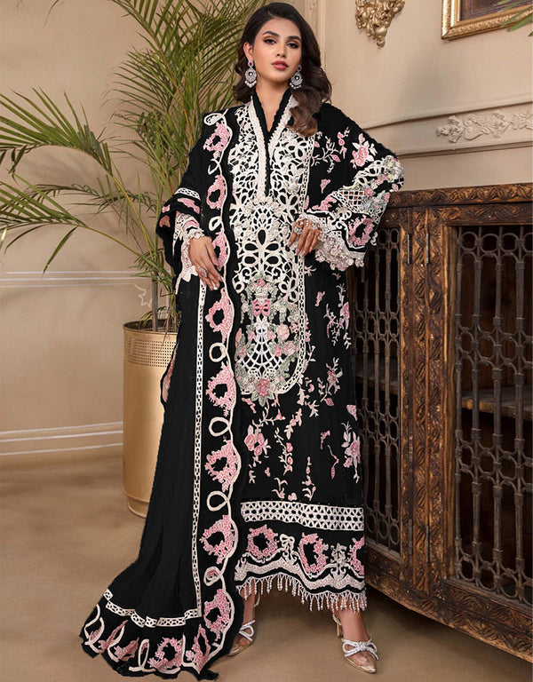 Heavy Designer Wedding Wear Salwar Kameez Black Georgette Pant Straight Front View