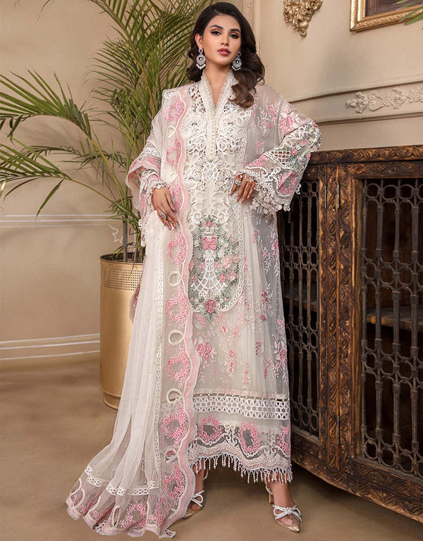 Heavy Designer Wedding Wear Salwar Kameez White Georgette Pant Straight Front View