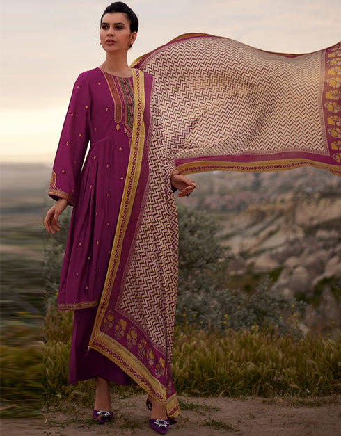 Trendy Designer Party Wear Georgette Salwar Suit Magenta Silk Pant Straight Front View