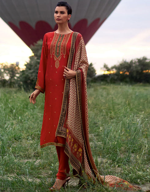 Trendy Designer Party Wear Georgette Salwar Suit Red Silk Pant Straight Front View