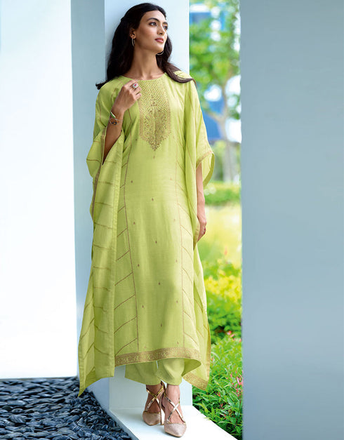 Trendy Designer Party Wear Salwar Suit Parrot Green Pasmina Silk Pant Straight Front View