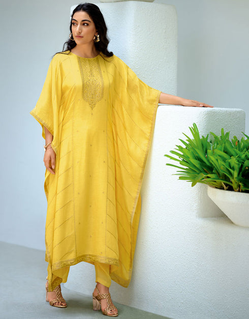 Trendy Designer Party Wear Salwar Suit Yellow Pasmina Silk Pant Straight Front View