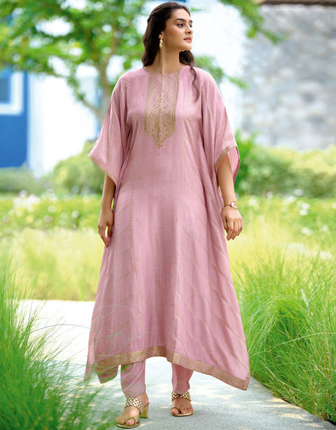 Trendy Designer Party Wear Salwar Suit Dusty Pink Pasmina Silk Pant Straight Front View