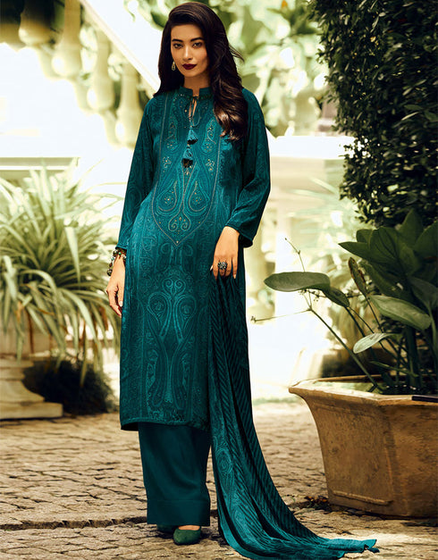 Trendy Designer Party Wear Georgette Salwar Suit Teal Blue Pasmina Silk Pant Straight Front View