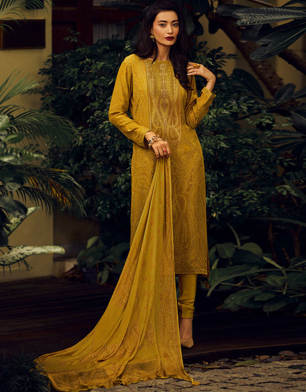 Trendy Designer Party Wear Georgette Salwar Suit Mustard Pasmina Silk Pant Straight Front View