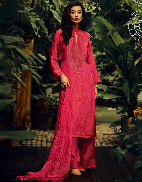 Trendy Designer Party Wear Georgette Salwar Suit Pink Pasmina Silk Pant Straight Front View