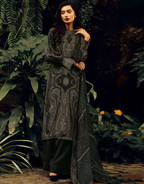 Trendy Designer Party Wear Georgette Salwar Suit Black Pasmina Silk Pant Straight Front View