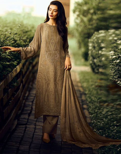 Trendy Designer Party Wear Georgette Salwar Suit Beige Pasmina Silk Pant Straight Front View