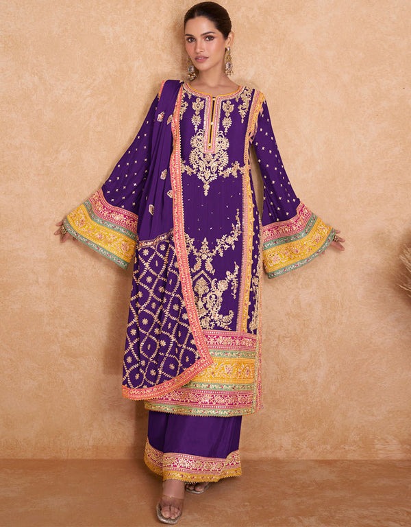 Designer Party Wear Salwar Suit Dark Violet Real Chinon Palazzo Straight Long Front View