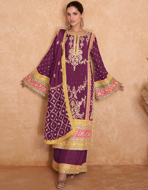 Designer Party Wear Salwar Suit Wine Real Chinon Palazzo Straight Long Front View
